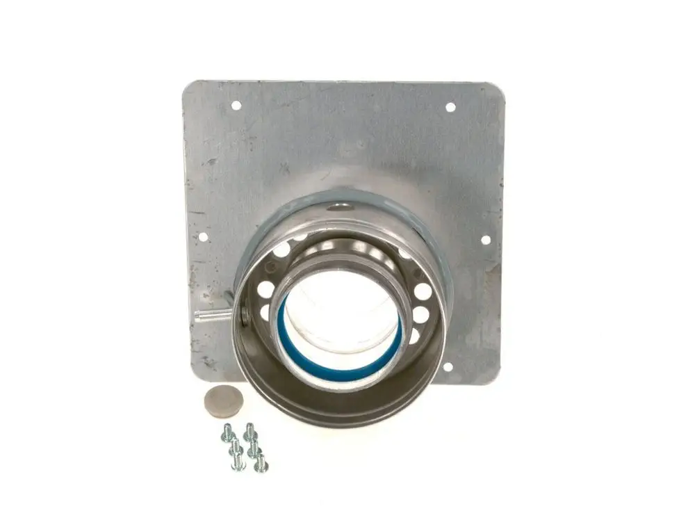 BOSCH Abgasanschluss mit metallischer Montageschnittstelle und einer runden Öffnung. Zubehörteile wie Schrauben und eine Unterlegscheibe sind sichtbar.
